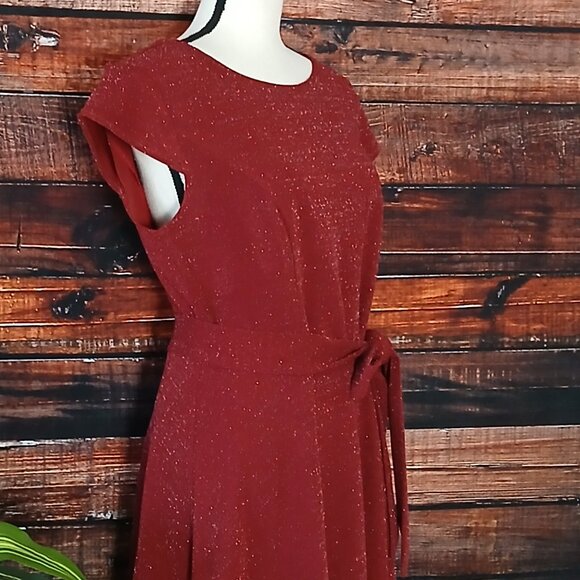 NWT Ivnis Knit Dress XL Wine Glitter Sparkle Belted Zip Back Cap Sleeve Retro - Picture 8 of 13